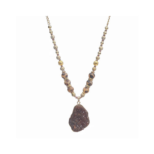 Continuous Brown Druzy and Wood Agate Gold Toned Necklace