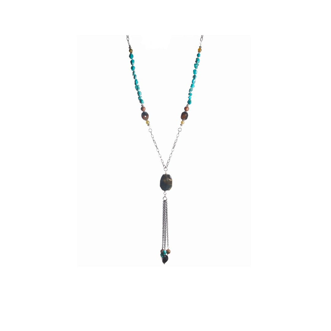 Tiger Eye and Turquoise Tassel Necklace