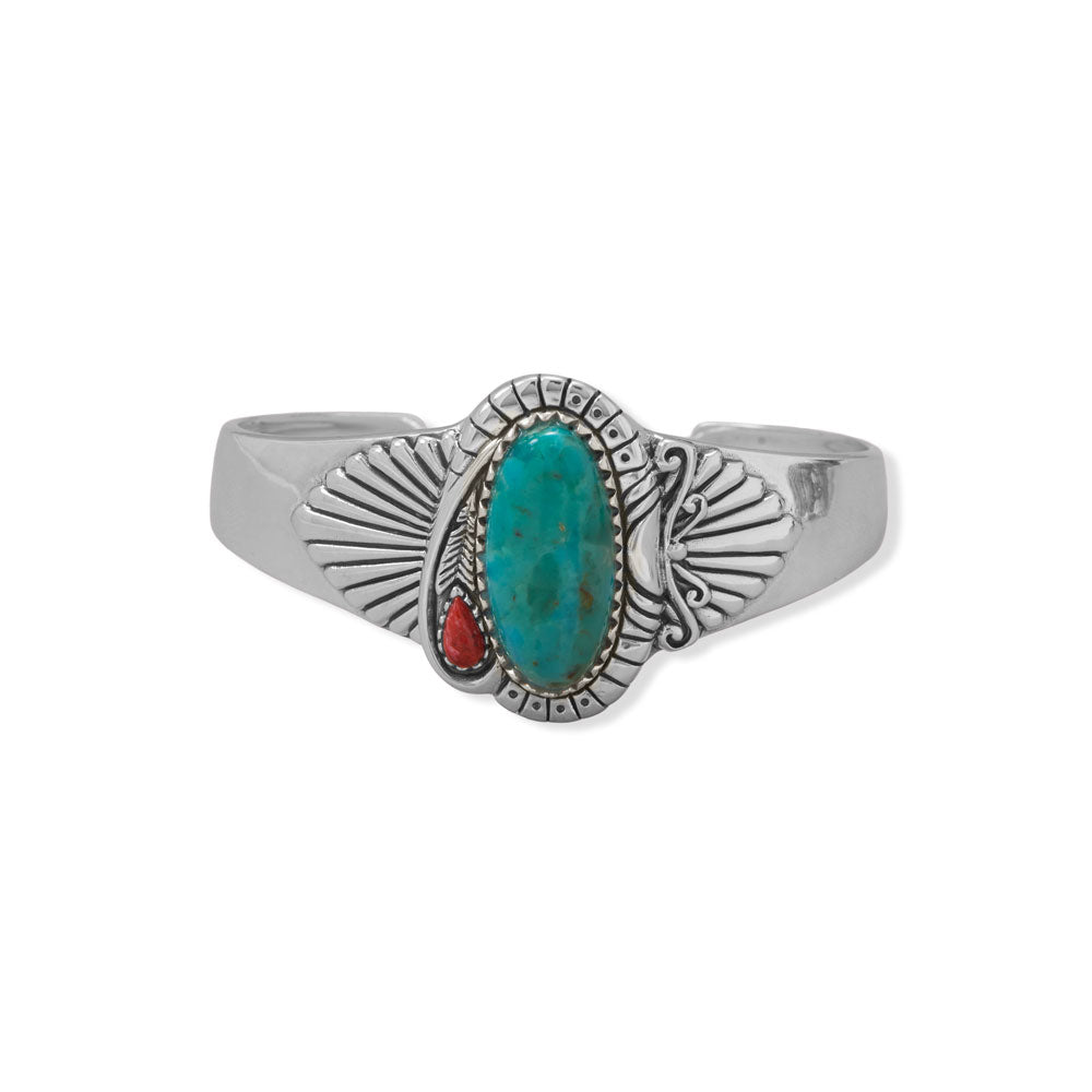 Turquoise and Sponge Coral Fan Design Cuff Bracelet