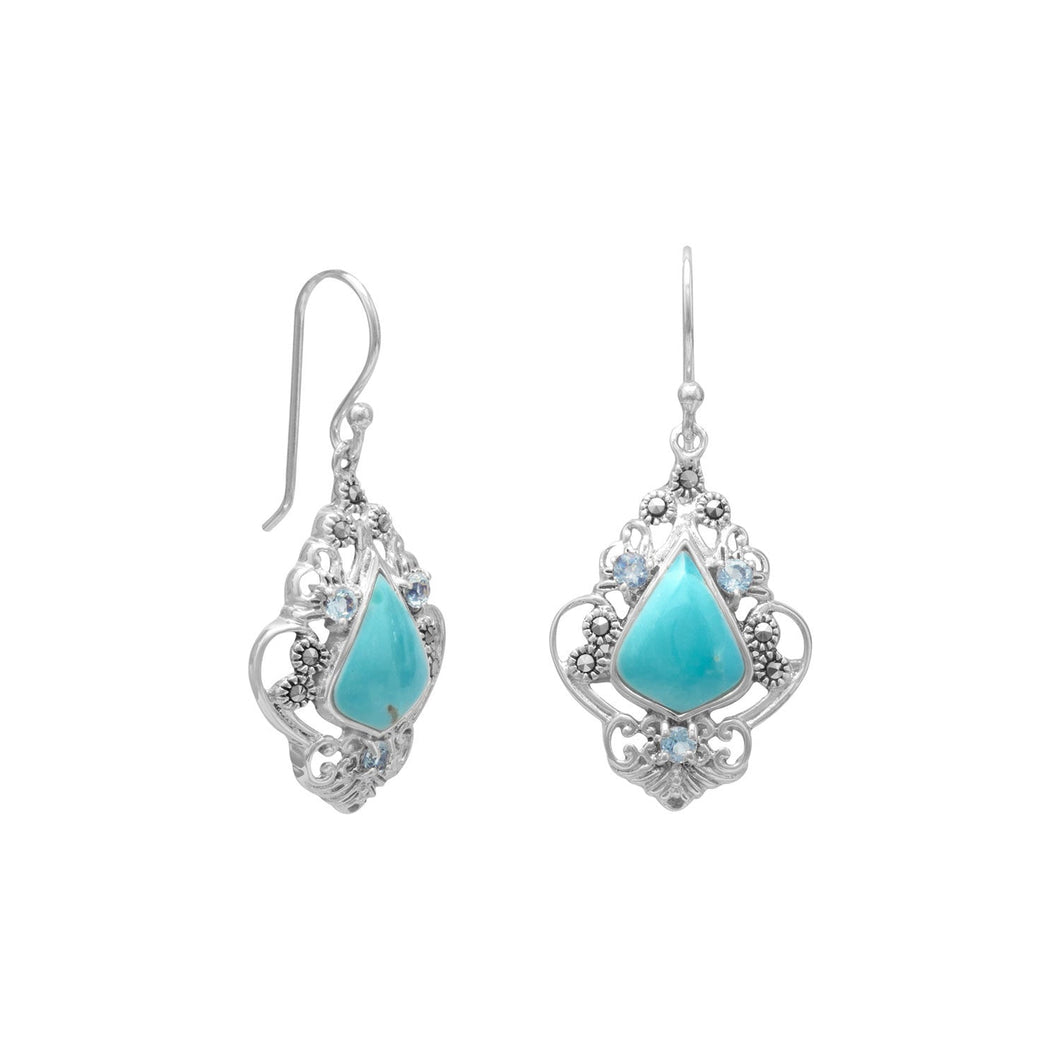 Reconstituted Turquoise, Blue Topaz and Marcasite Earrings