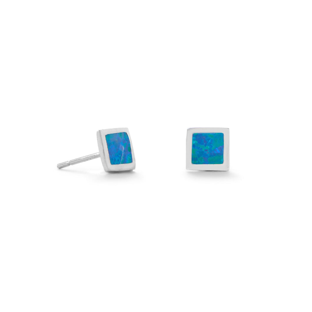 Square Blue Synthetic Opal Stud Earrings