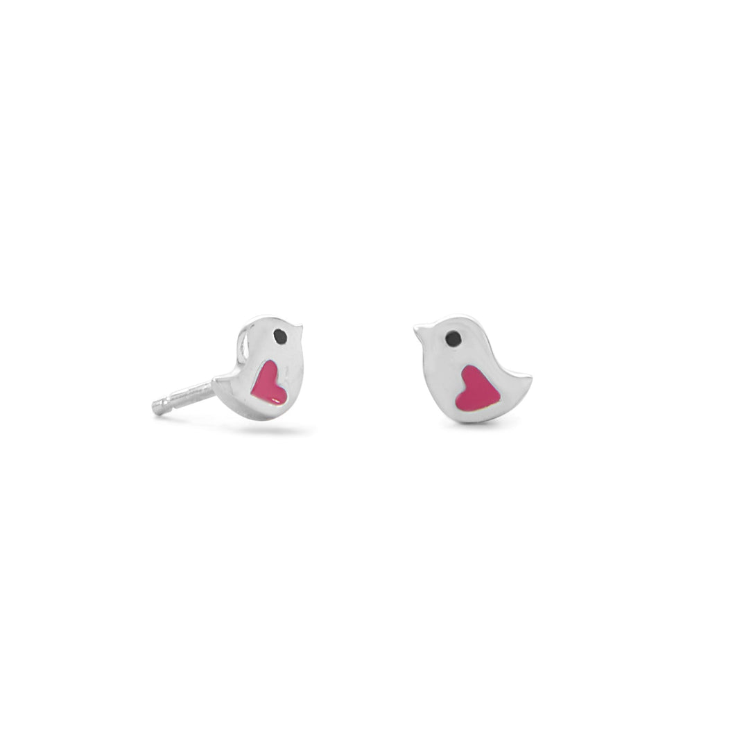 Sterling Silver Bird with Pink Enamel Heart Stud Earrings