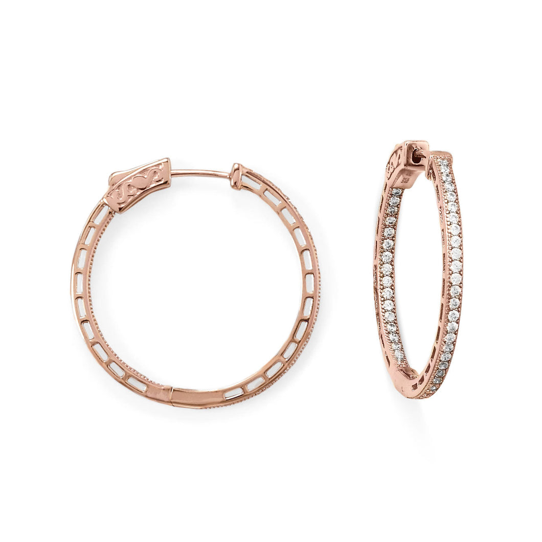 14 Karat Rose Gold Plated Round In/Out CZ Hoop Earrings