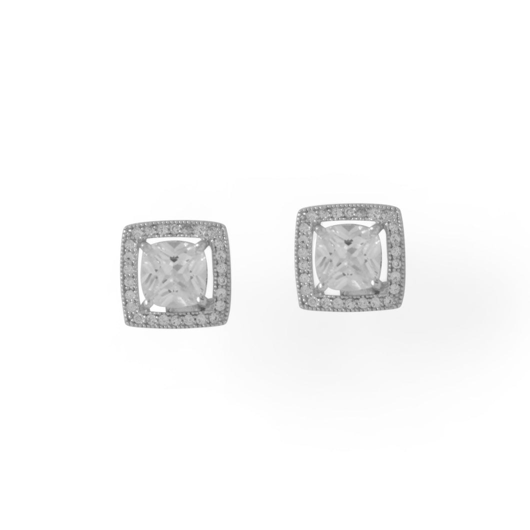Rhodium Plated Square CZ with Halo Stud Earrings
