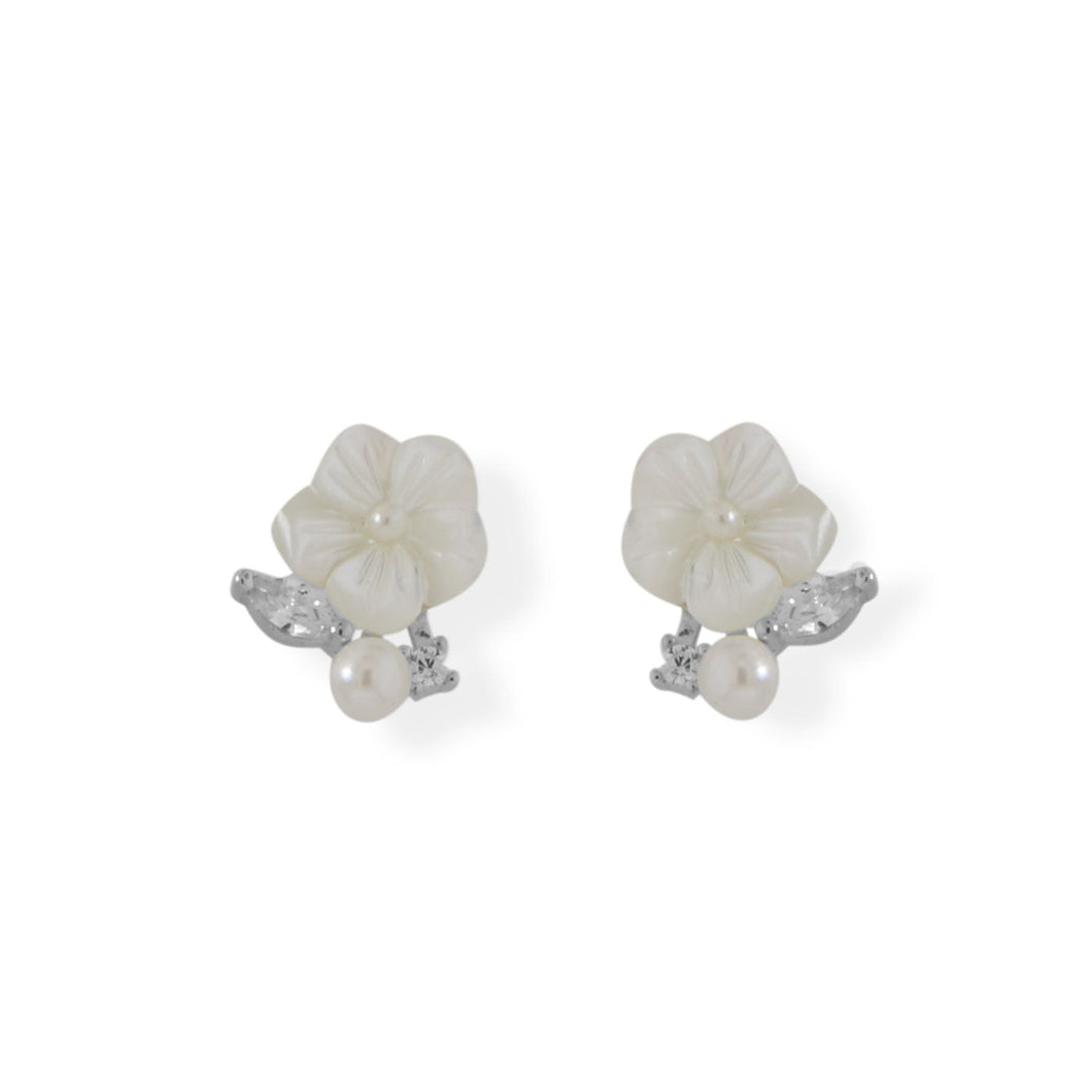Mother of Pearl and CZ Flower Earrings