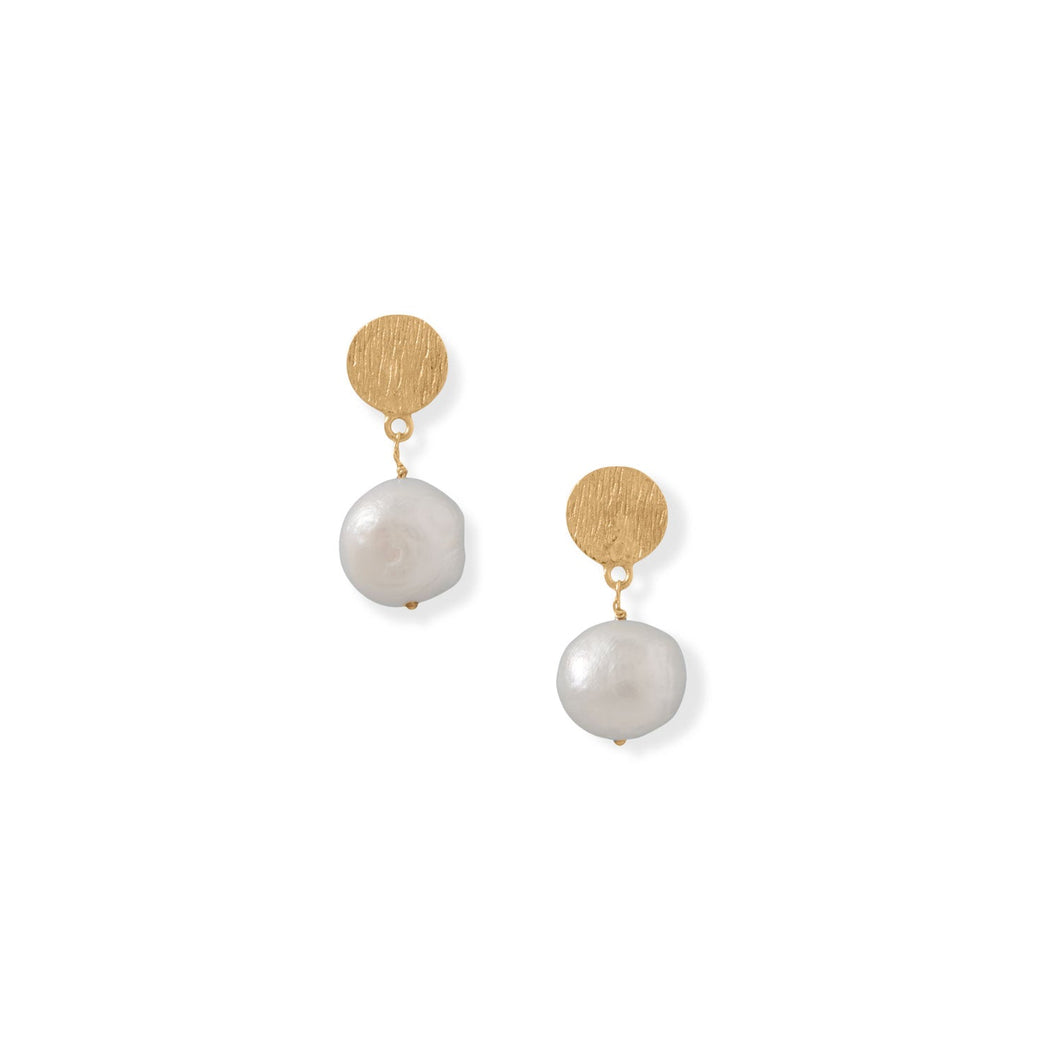 14 Karat Gold Plated Disk and Cultured Freshwater Pearl Drop Earrings