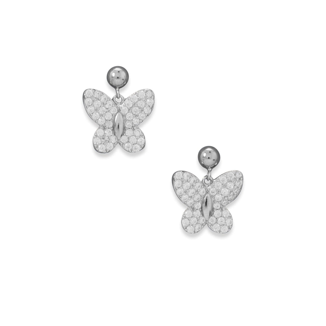Rhodium Plated CZ Butterfly Dangle Earrings