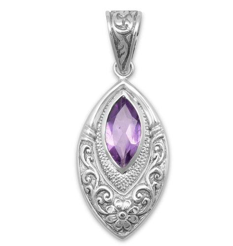 Oxidized Marquise Pendant with Amethyst