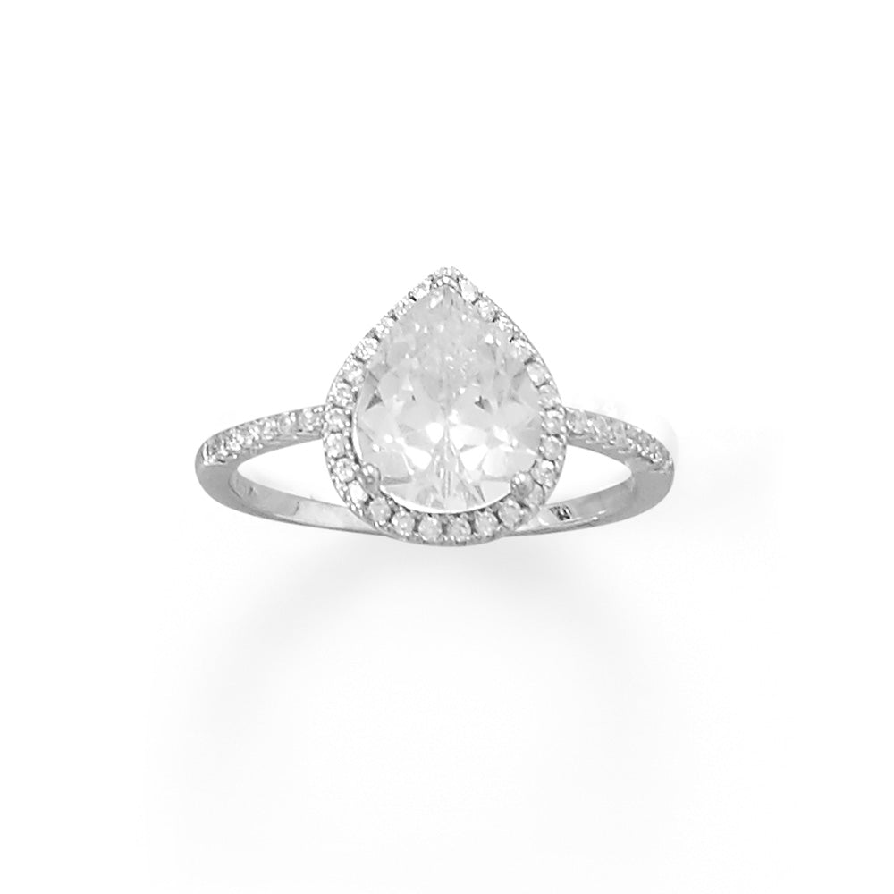 Rhodium Plated Pear CZ Ring with CZ Edge