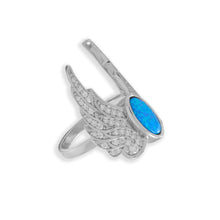 Rhodium Plated CZ and Blue Opal Angel Wing Ring