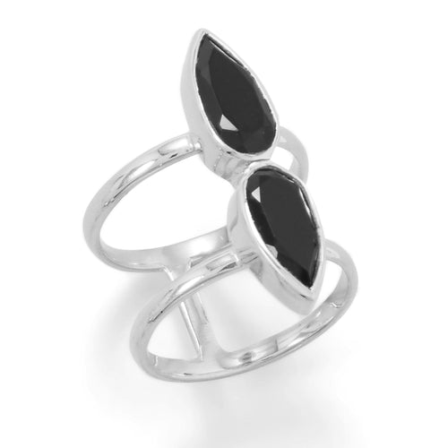 Shiny Silver Double Pear Onyx Ring